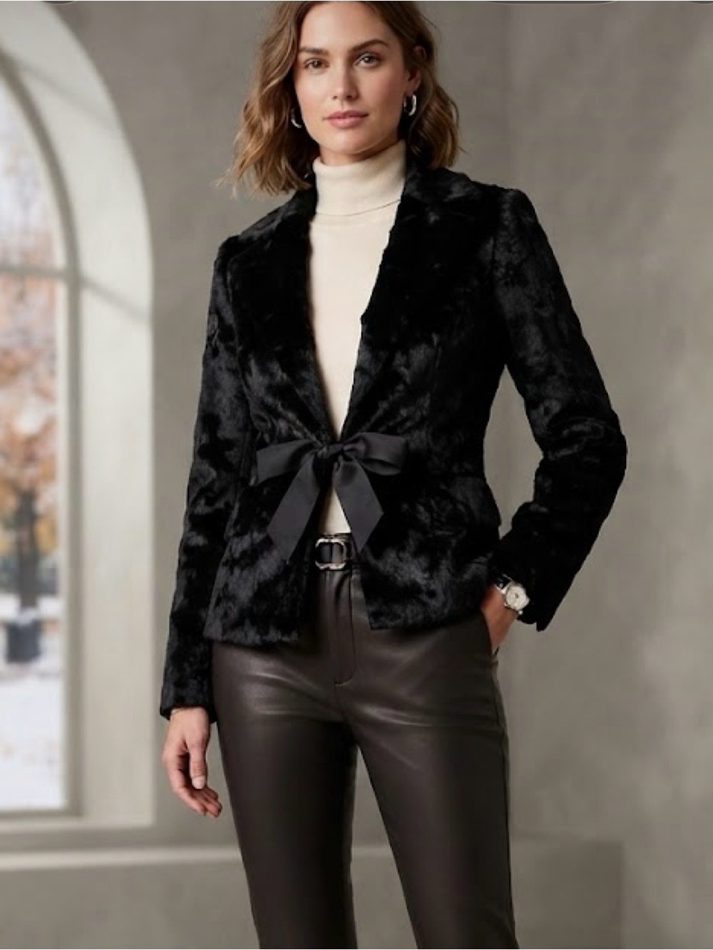 Club Monaco Black Faux Fur Satin Bow Blazer Jacket Small S/P